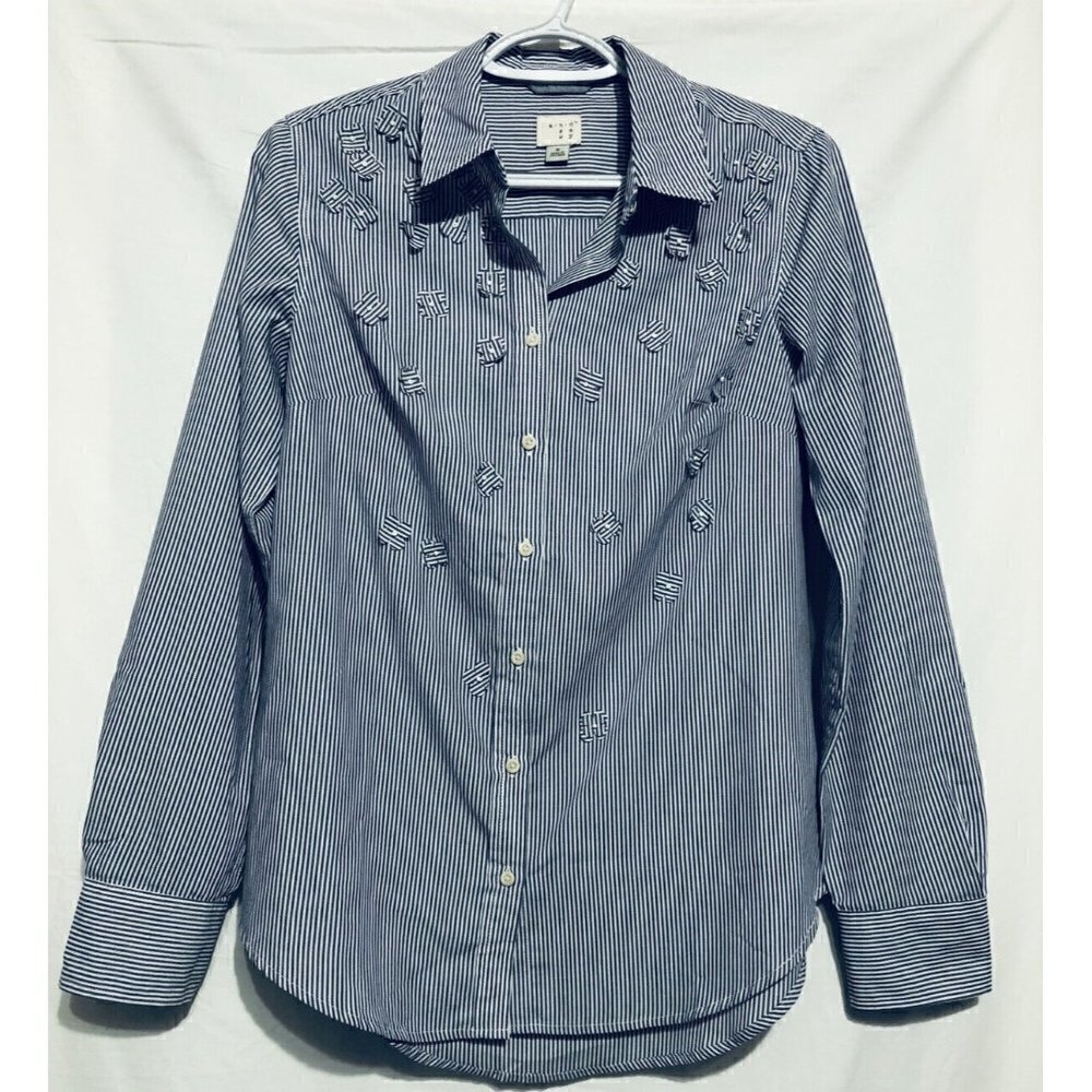A New Day Target Womens Small Striped Button Up Floral Applique Top Boho